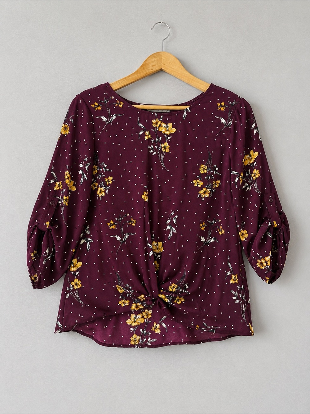 Pink Republic Small Plum Burgundy Floral Polka Dot Tie Front Blouse 3/4 Sleeve